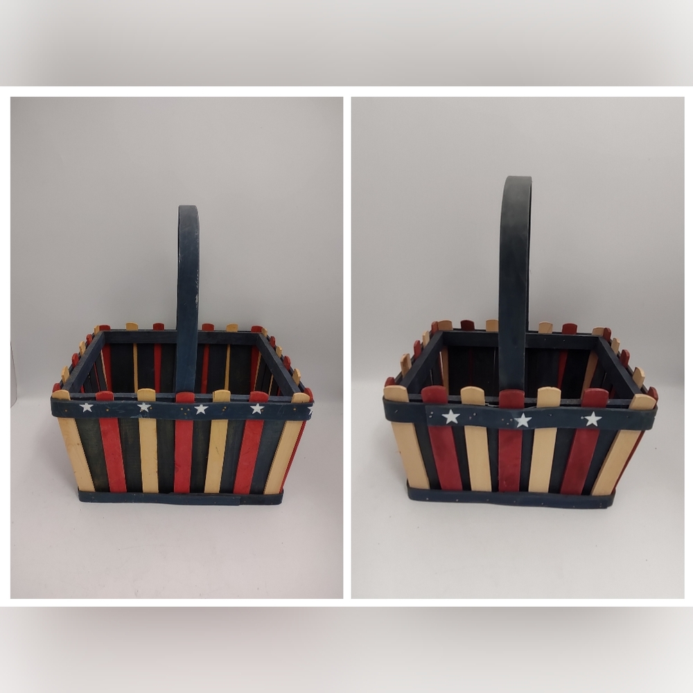 Lot of 2 Large Handled Wooden Square Rustic Basket Red White Blue With Stars